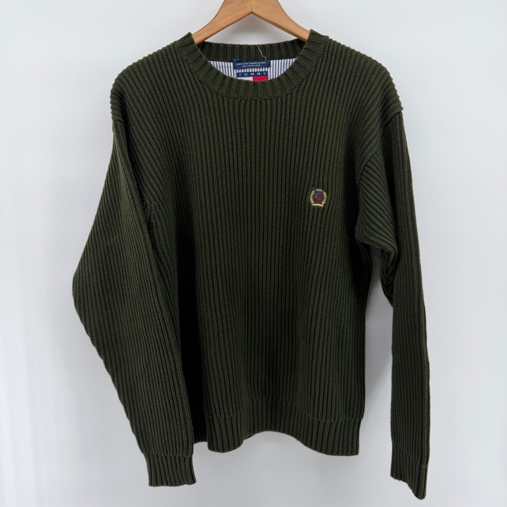 Tommy Hilfiger Mens Olive Green Ribbed Cotton Crewneck Sweater Crest Medium VTG